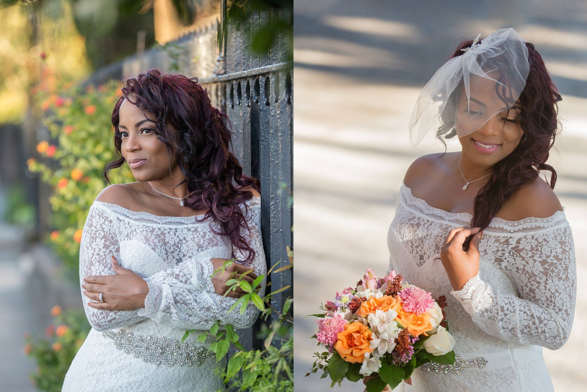 The bride holds the bouquet. She is posing in Charleston Downtown