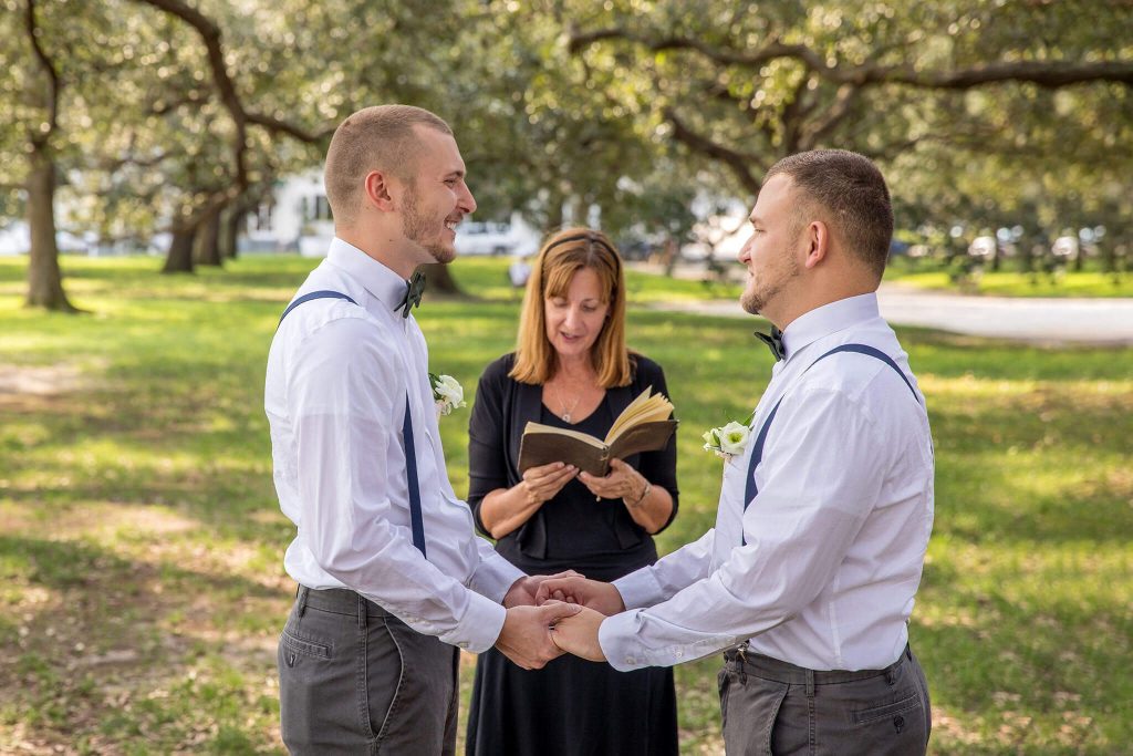 The same sex wedding photography in White Point Garden