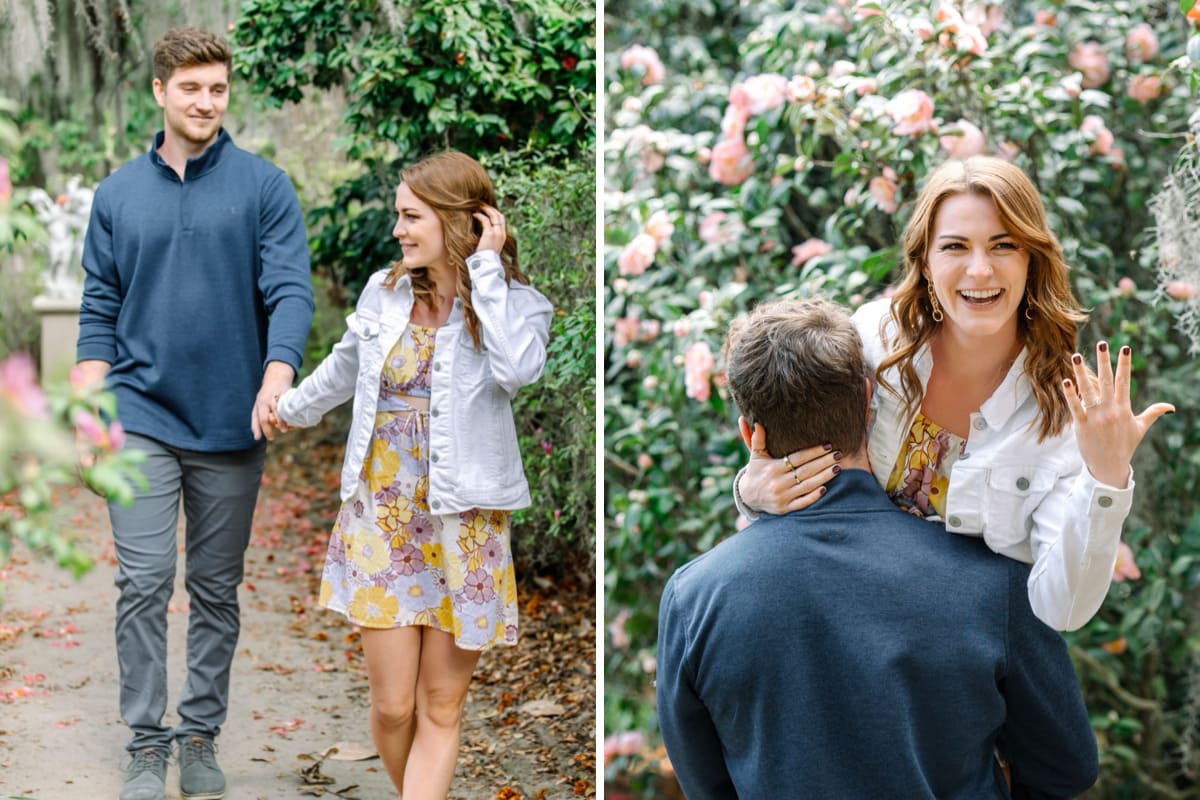 couple walking at middleton place after proposal