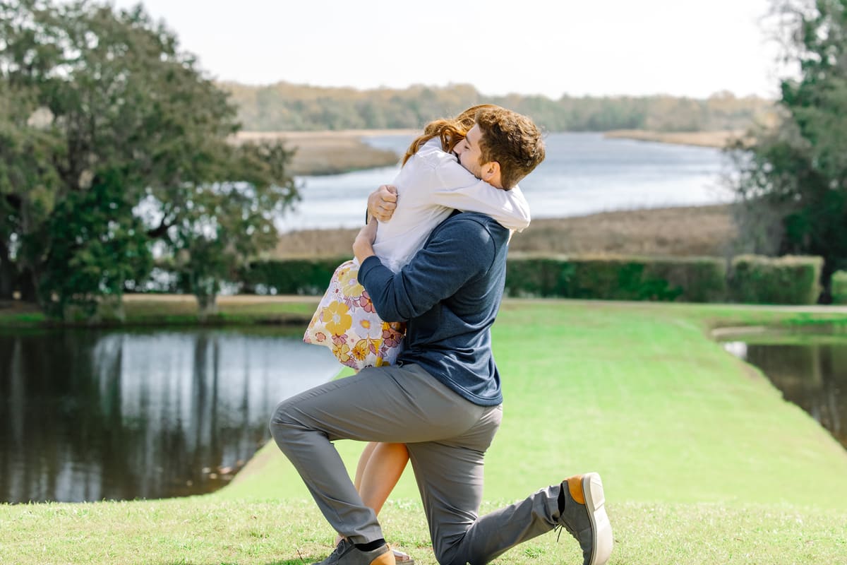 jacob chadee hugging at middleton place after proposal