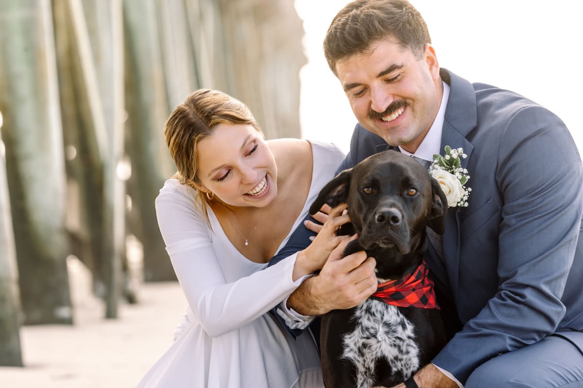 beach elopement couple with dog