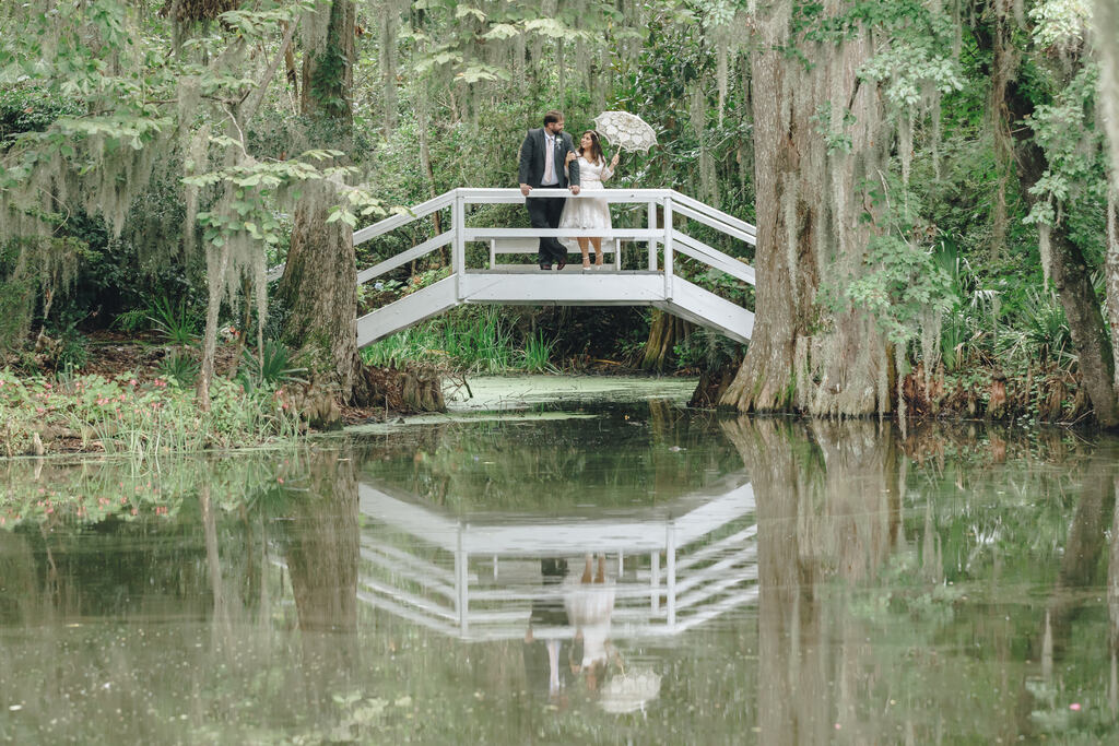 magnolia plantation elopement mirror pond bridge