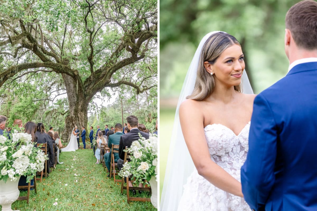 bride groom laughing oak tree