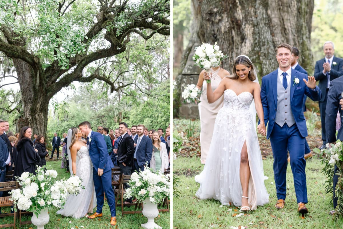 bride groom smiling oak tree