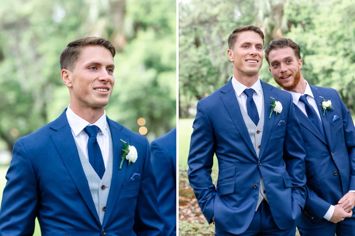 groom waiting at oak tree altar