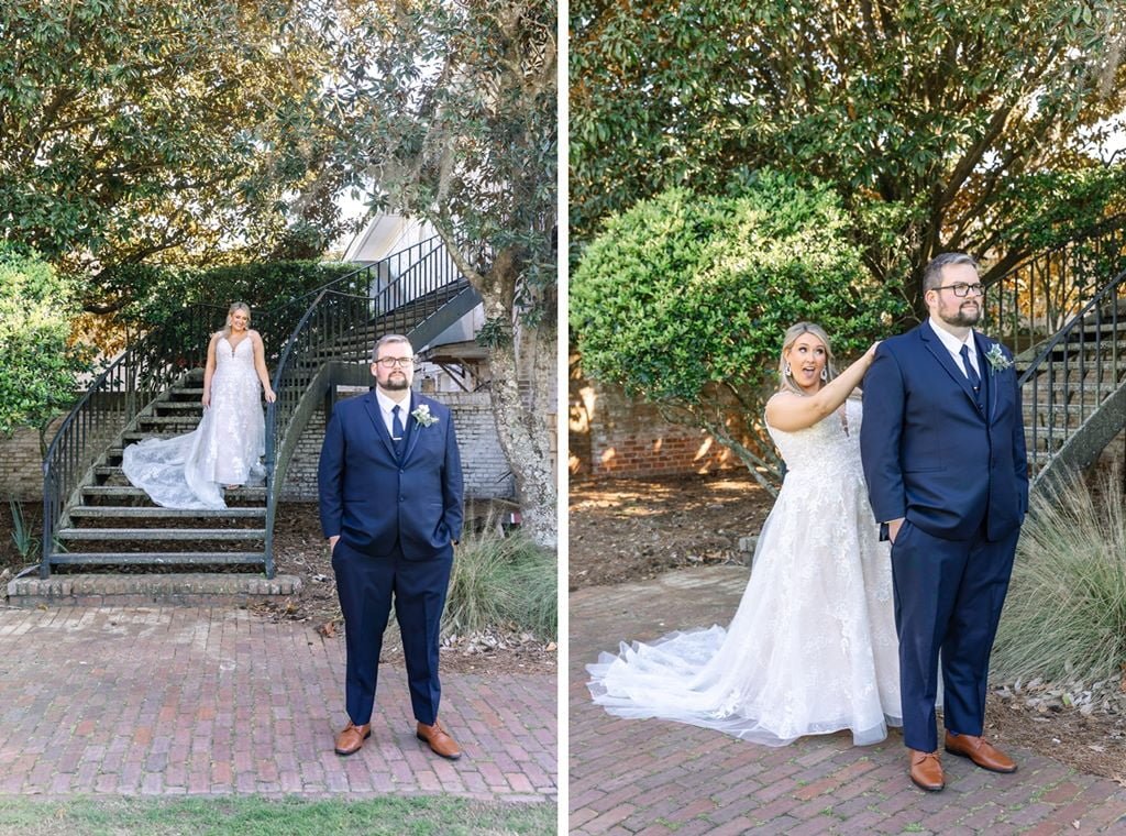 groom watching bride dunes west charleston