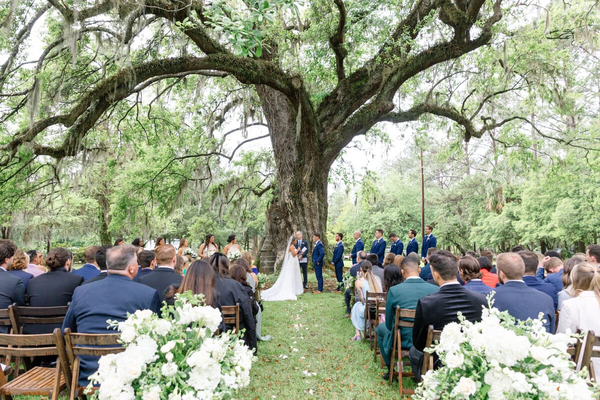 wide shot oak tree wedding ceremony