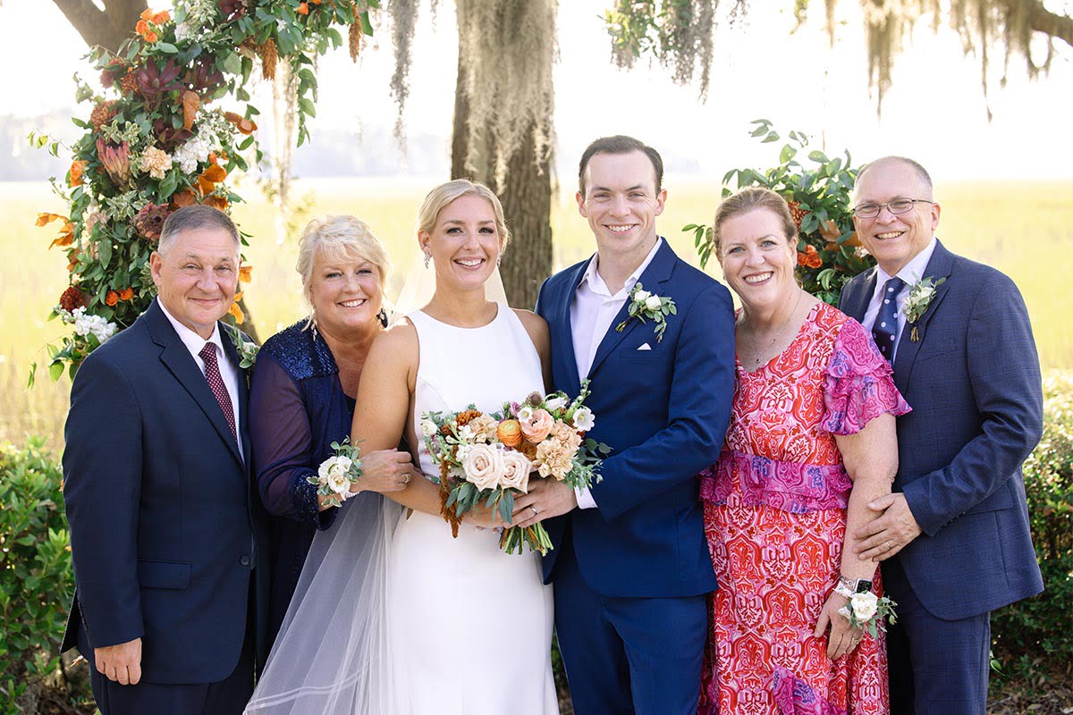Charleston Wedding Photographer Bride and groom with parents (all together)