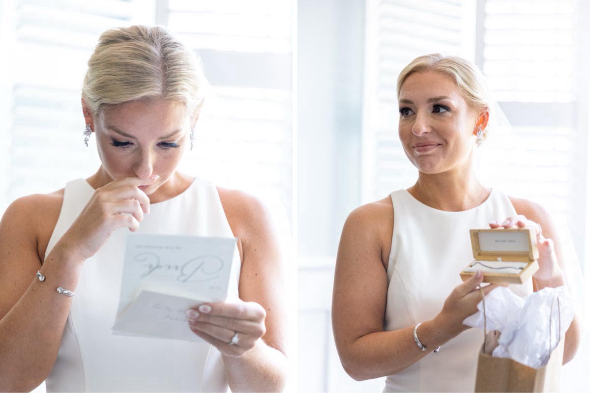 Charleston Wedding Photographer Bride opening gift and letter from groom