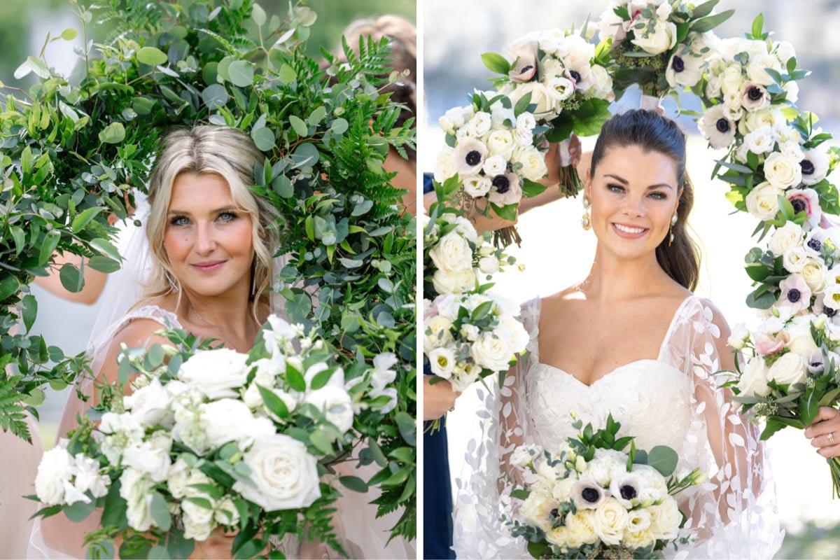 Charleston Wedding Photographer Bride surrounded by bridesmaids’ flowers