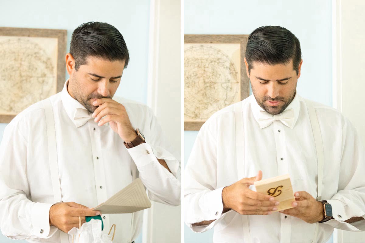 Charleston Wedding Photographer Groom opening gift and letter from bride