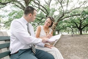 Elopement Photography at White Point Garden Bench in Charleston, SC by Elopement Photographers