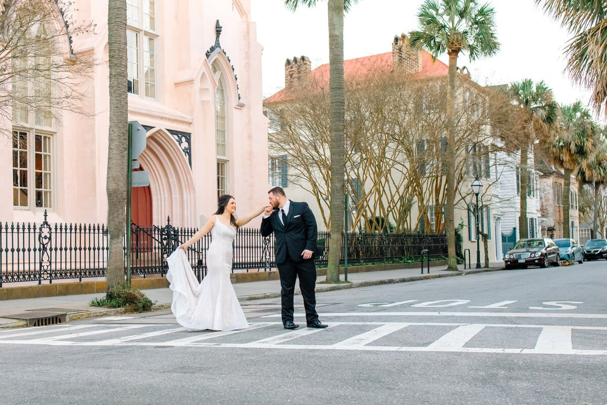 French Huguenot Church wedding venue couple portrait