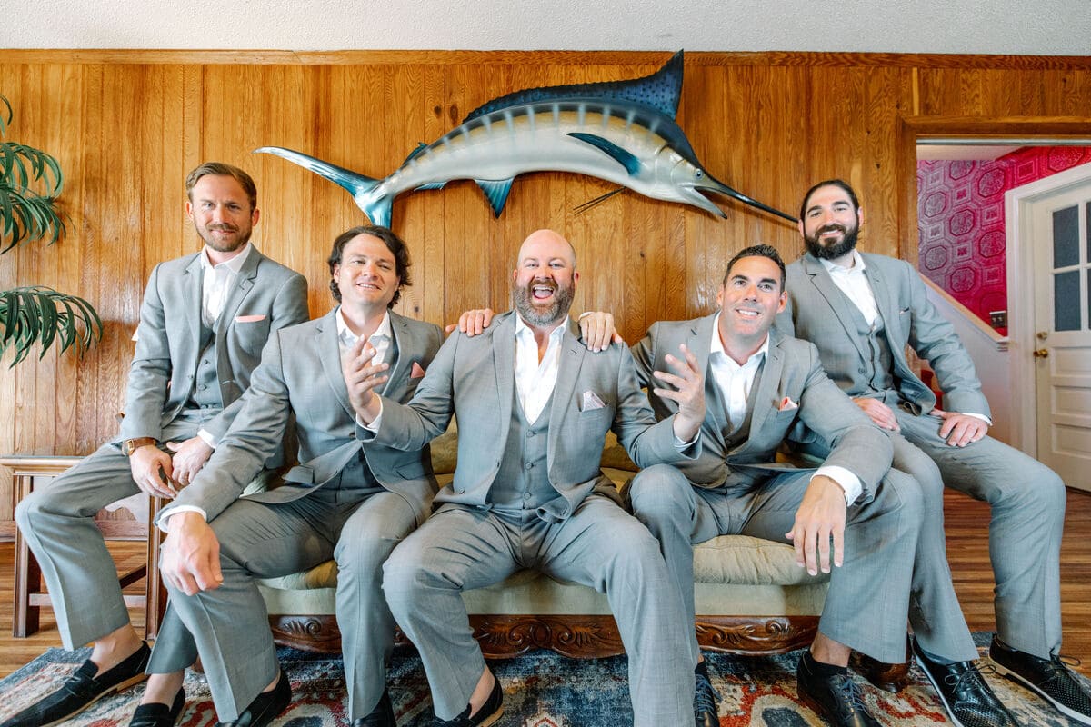 Island House wedding venue groom and groomsmen