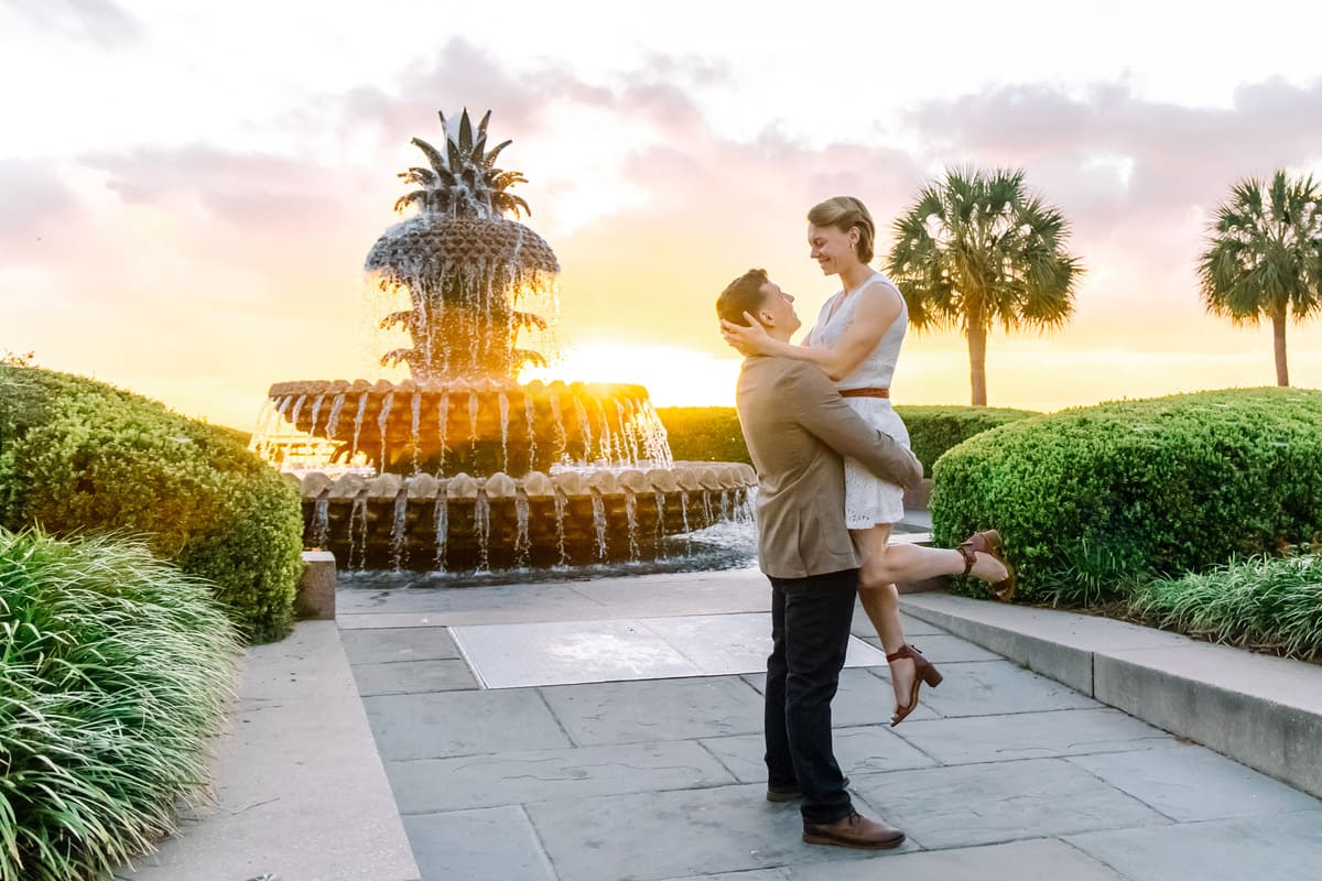 waterfront park sunrise engagement charleston