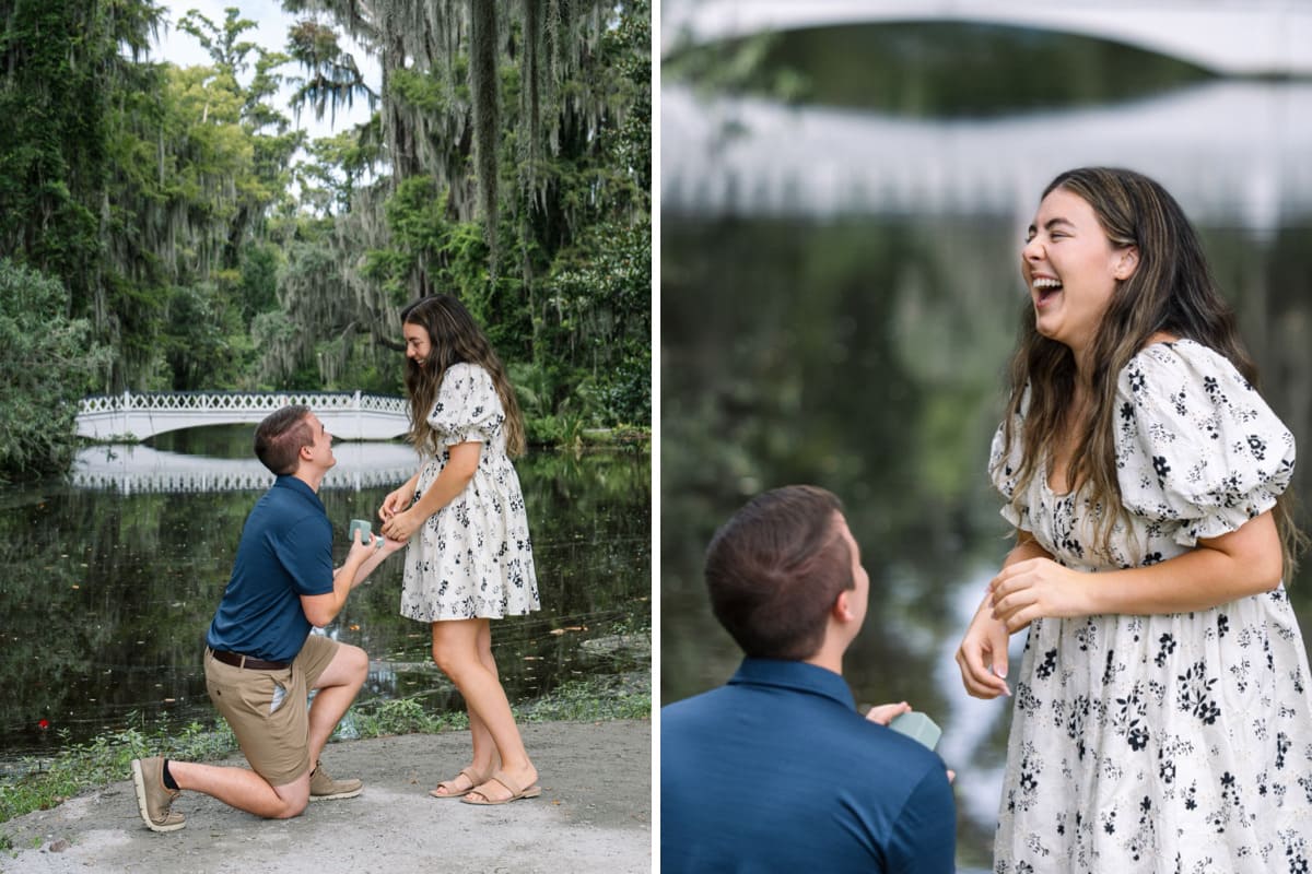 magnolia gardens long white bridge as proposal backdrop