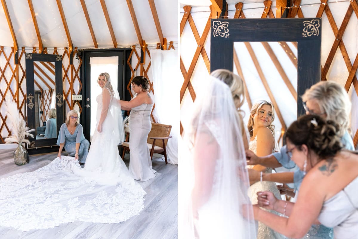 bridesmaids helping bride hart meadows ranch