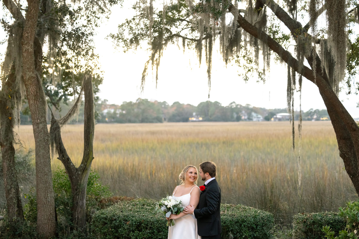 couple portrait marsh view charleston wedding