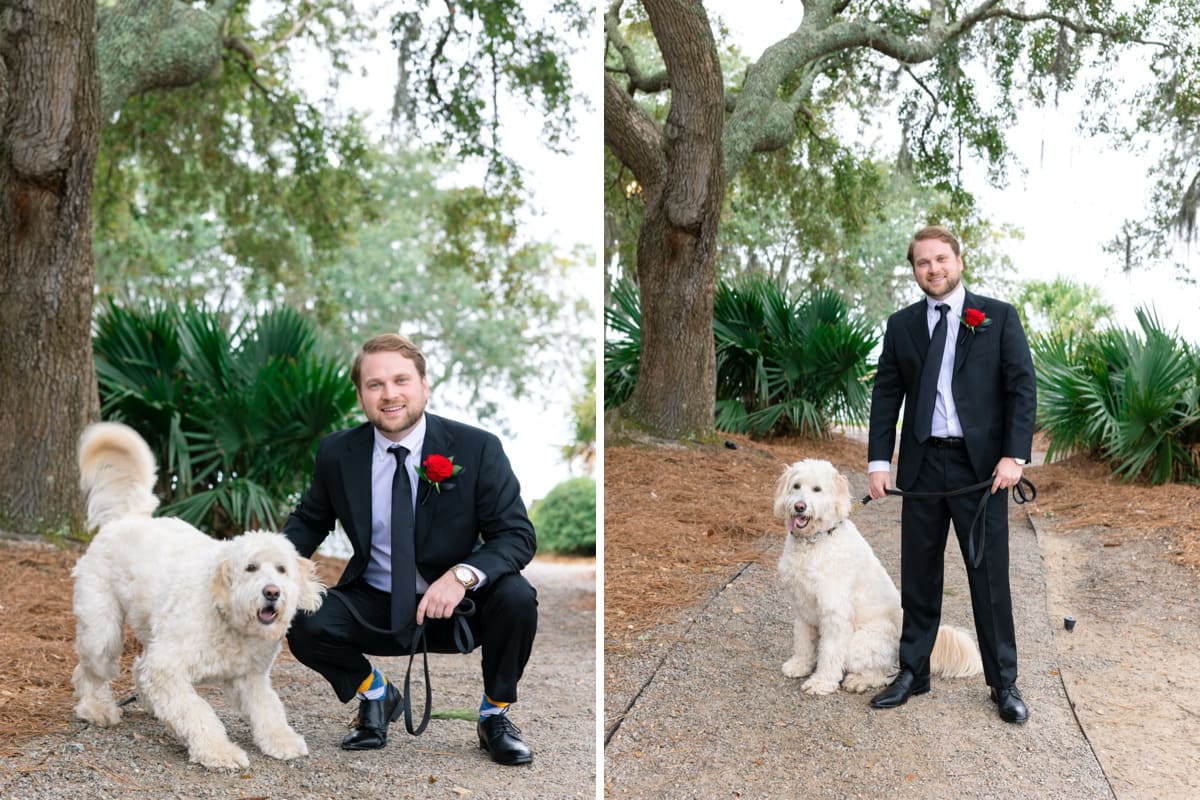 groom with dog charleston wedding creek club