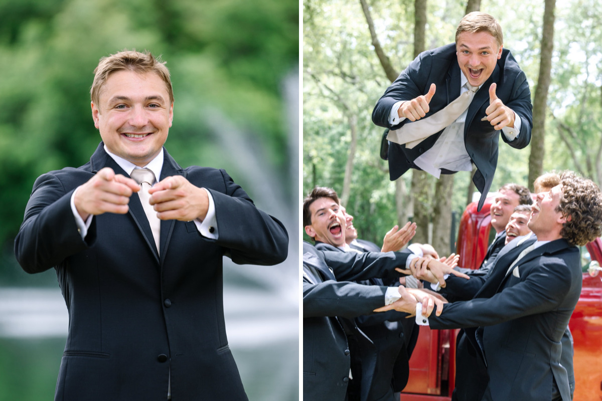 groomsmen laughing vintage truck hart meadows