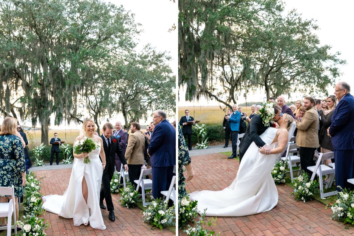 newlyweds kissing after ceremony creek club charleston