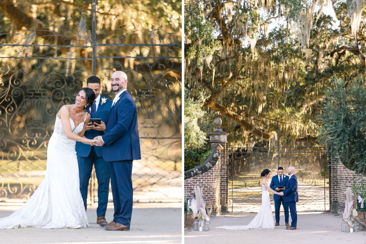 couple hugging guests wedding boone hall charleston photographer