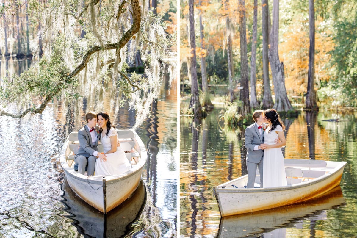 couple in boat cypress gardens elopement