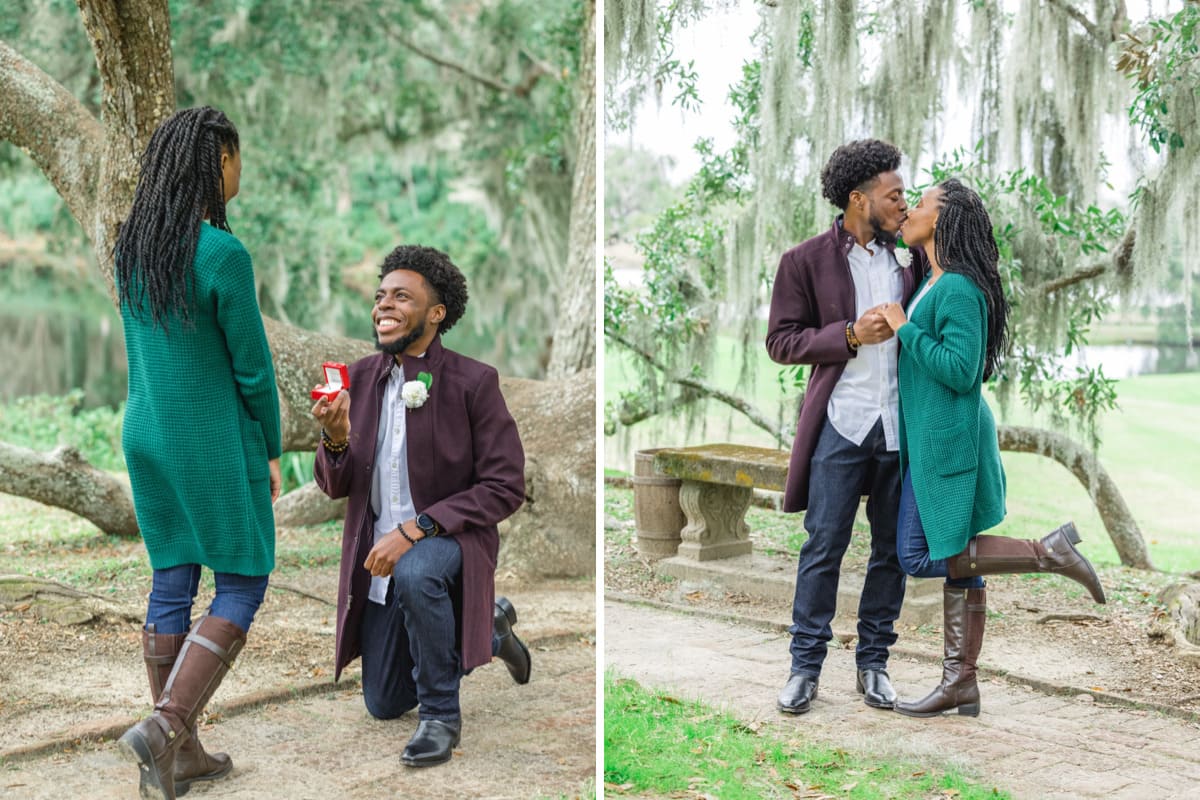 happy couple middleton place proposal photographer