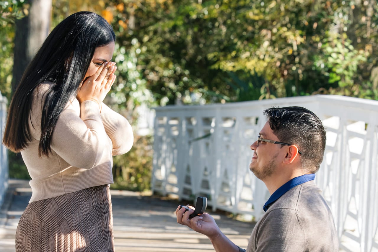 cypress gardens proposal photographer long white bridge