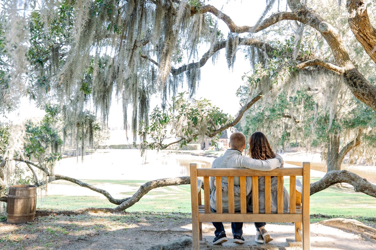 middleton place proposal guide near the bench by the chapel
