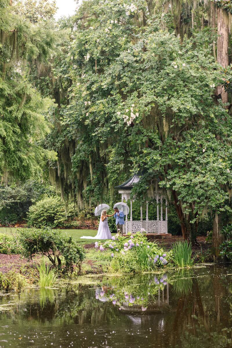 Bride and groom in a canoe on a peaceful lake during intimate elopement session