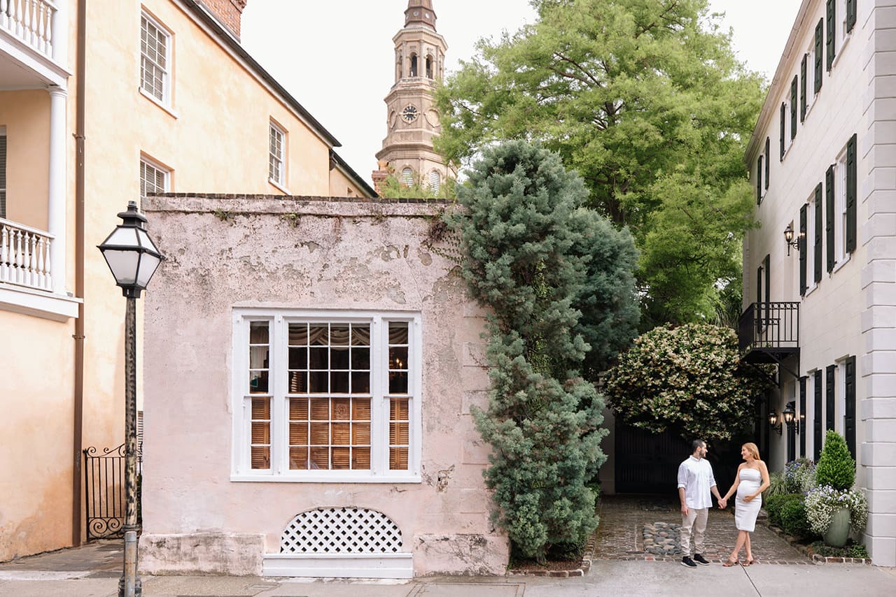 professional photographer maternity photo session at Dock Street Theater