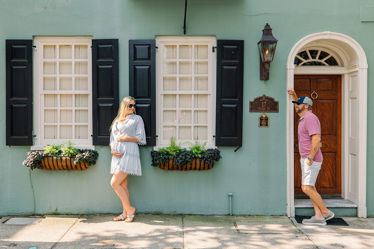 professional photographer maternity photo session at Rainbow Row