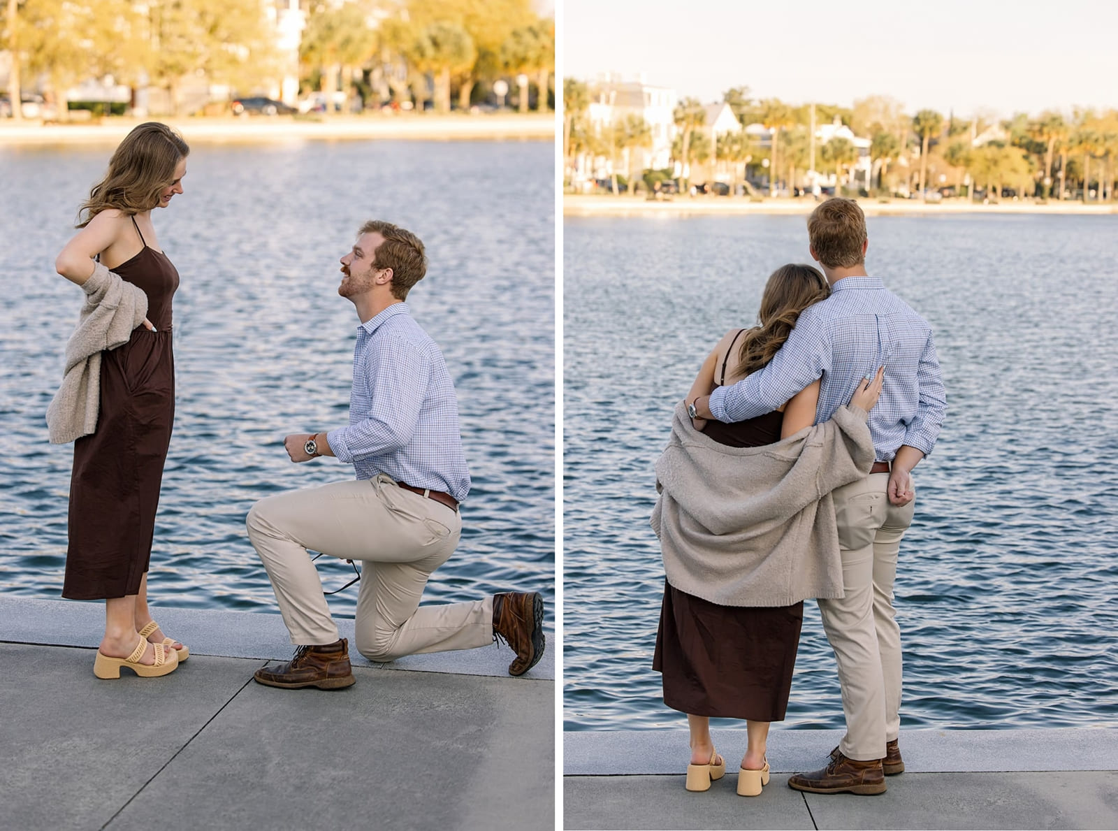 Touching proposal moment and hugs at Colonial Lake 