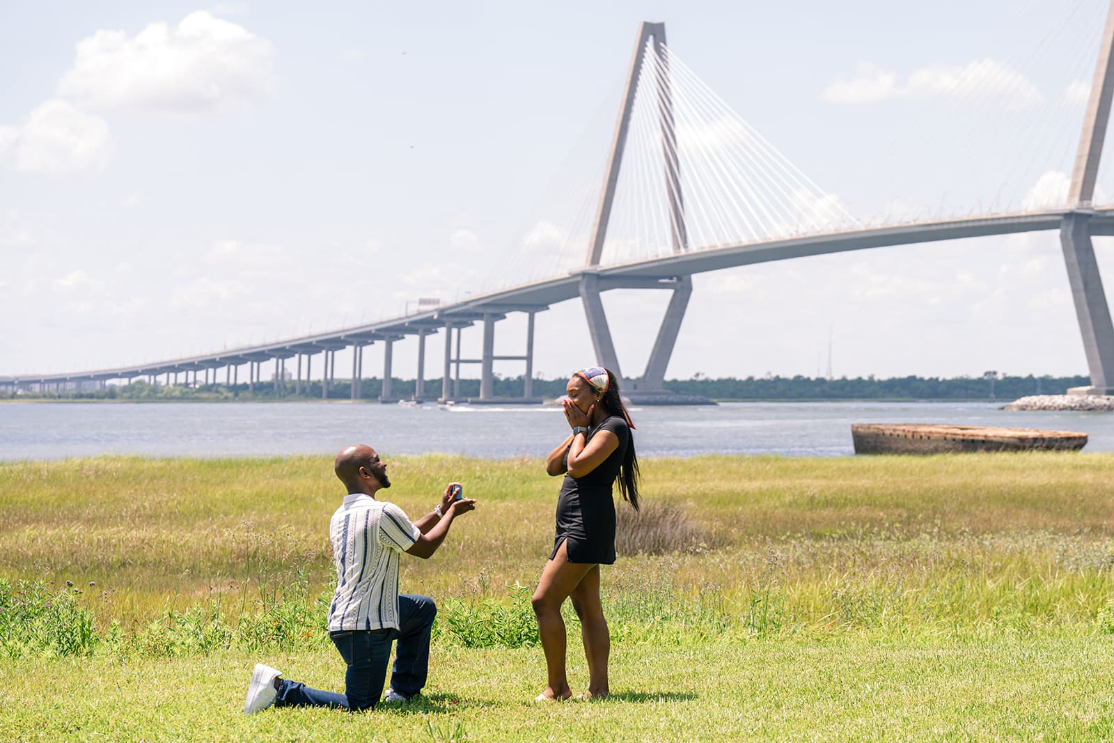 Sunny proposal moment near the Waterfront Park bridge