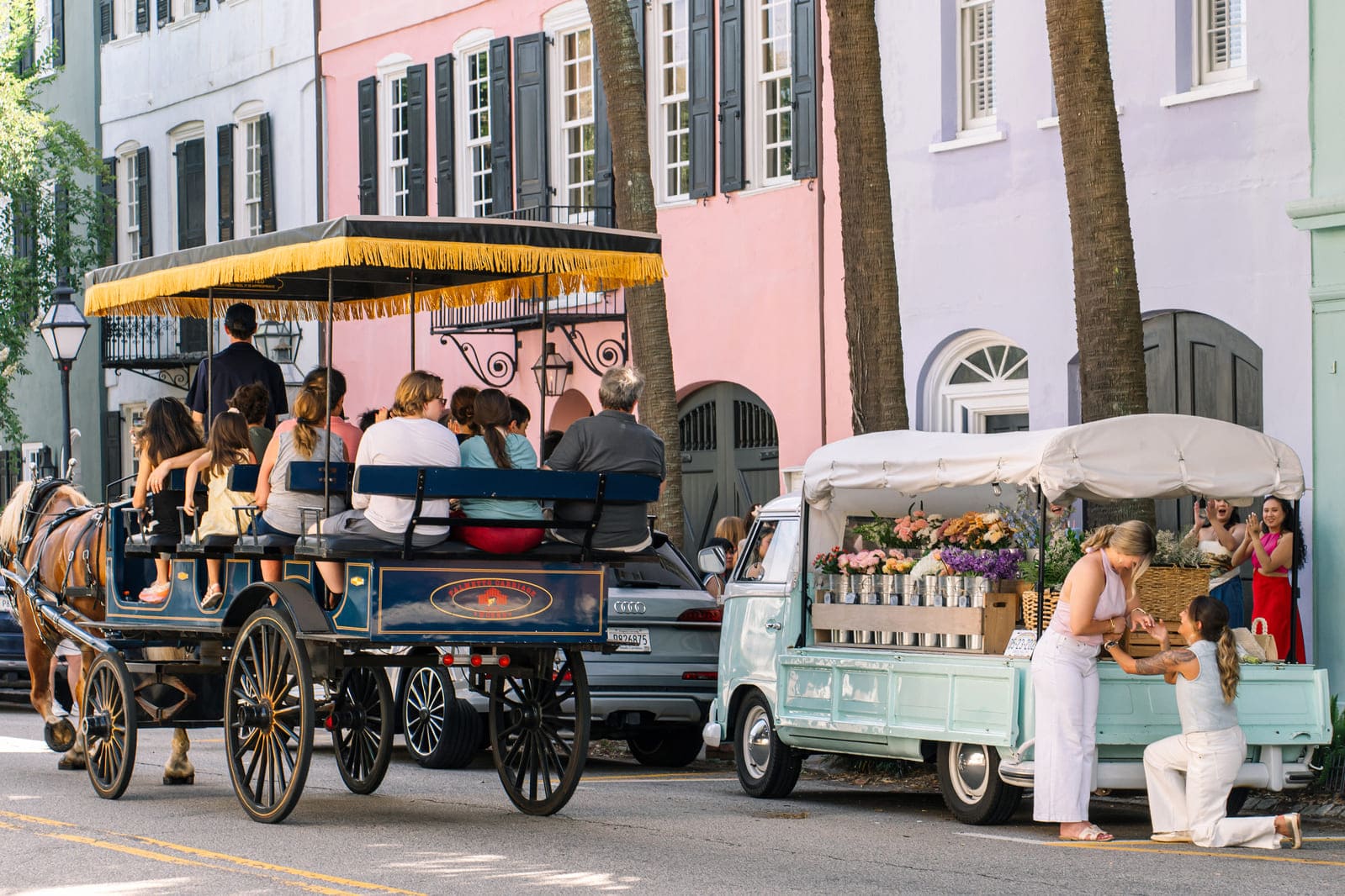 Proposal beside the  retro flower truck at Rainbow Row, Charleston