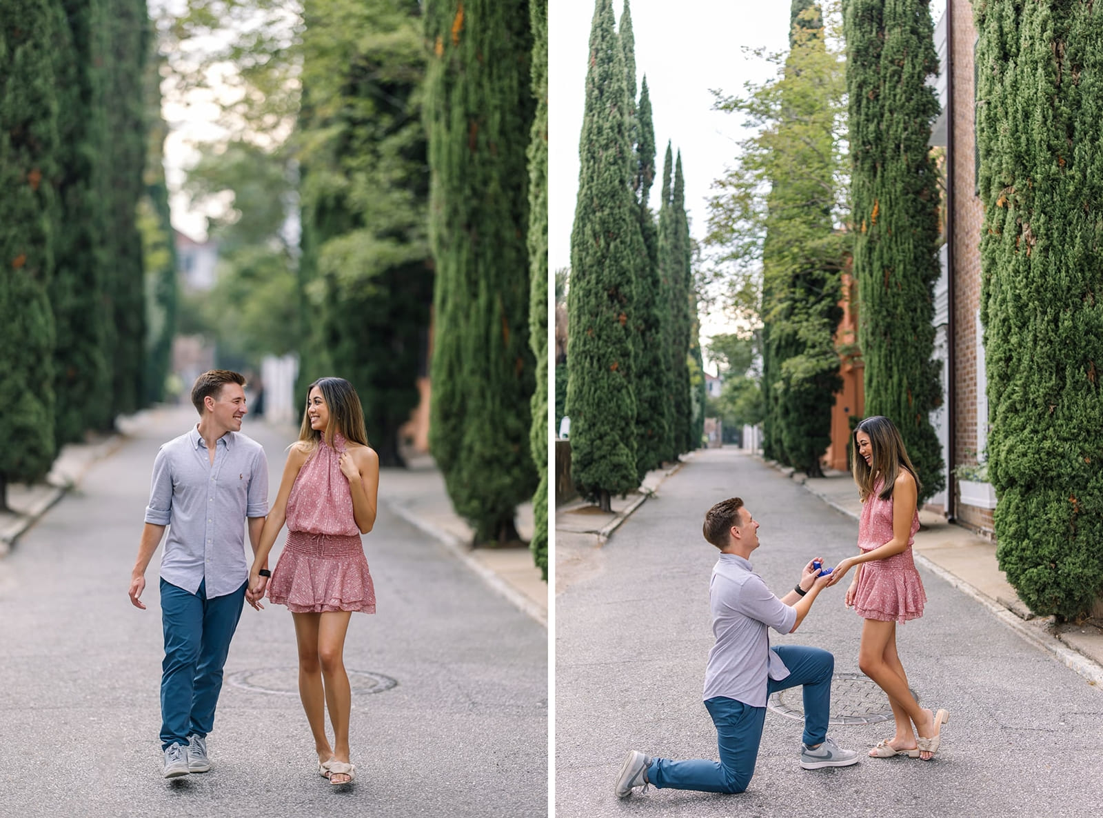 Sypress trees alley surprise proposal moment