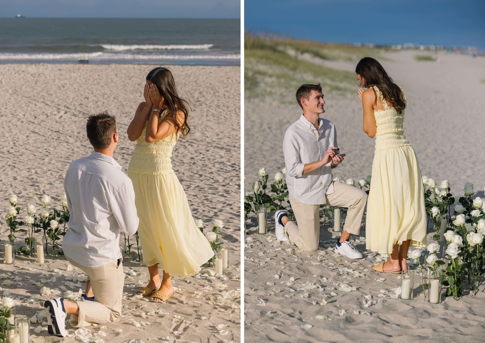 Man proposing at the beach among the flowers decoration